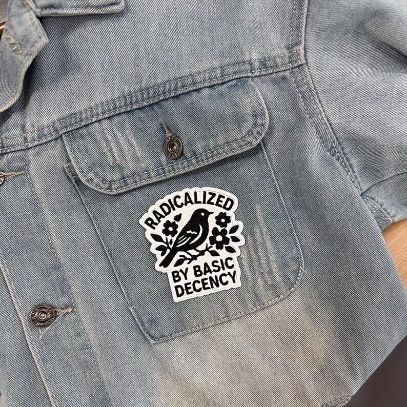 Radicalized By Basic Decency Patch, Vintage Floral Bird Iron On Applique, Black White Awakening Sew On Badge for Denim Hats Bags zdjęcie 2