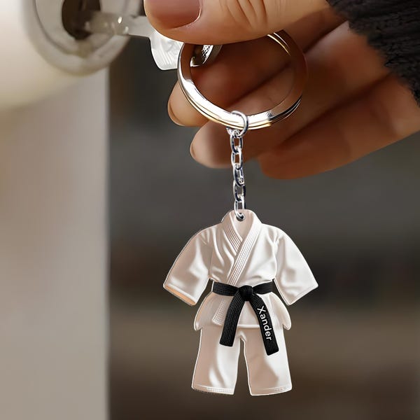 Custom Karate 2D Acrylic Keychain, Personalized Taekwondo Keyring, Black Belt Martial Arts Gift, Boys Sports Bag Charm, Dojo Ornament