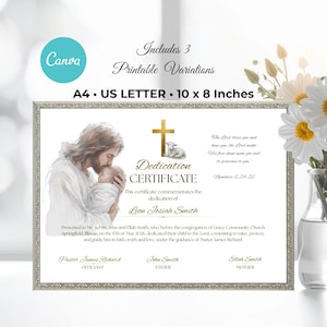 May include: A printable dedication certificate featuring an illustration of a figure holding a baby, a gold cross, and a lamb. Text includes Includes 3 Printable Variations, A4 US LETTER 10 x 8 Inches, Dedication CERTIFICATE, and Numbers 6:24-26.