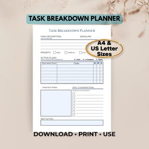 Planificador de desglose de tareas para TDAH, planificador de disfunción ejecutiva, sistema de productividad para TDAH, plan de segmentación de tareas imprimible, planificador neurodivergente