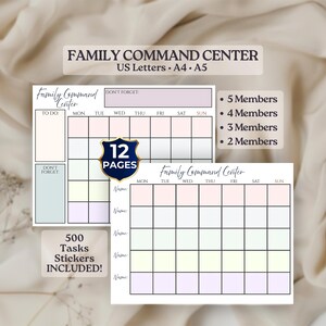 May include: A digital family command centre planner set featuring 12 pages in US Letter, A4, and A5 sizes. The layout includes weekly calendars with pastel-coloured rows, a to-do list, a don't forget section, and space for 2 to 5 members. 500 task stickers included.