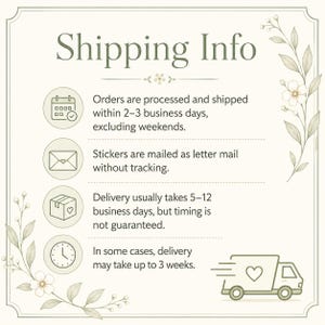 May include: A rectangular informational graphic with a cream background and sage green floral borders. The text reads Shipping Info, detailing processing times of 2-3 business days, letter mail delivery, and estimated transit times of 5-12 business days.