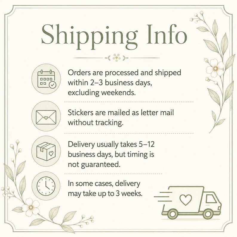 May include: A rectangular informational graphic with a cream background and sage green floral borders. The text reads Shipping Info, detailing processing times of 2-3 business days, letter mail delivery, and estimated transit times of 5-12 business days.