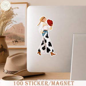 May include: A die-cut sticker featuring a blonde person with a braided hairstyle wearing a white long-sleeved shirt, blue denim waistband, and wide-leg pants with a black and white cow print pattern, holding a red cowboy hat in one hand.