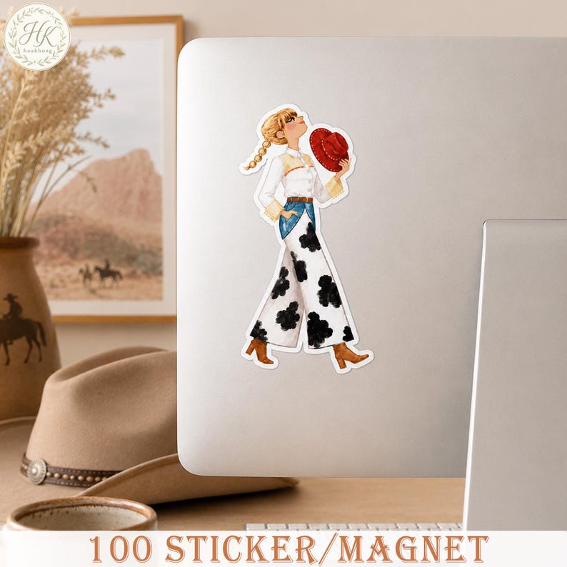 May include: A die-cut sticker featuring a blonde person with a braided hairstyle wearing a white long-sleeved shirt, blue denim waistband, and wide-leg pants with a black and white cow print pattern, holding a red cowboy hat in one hand.