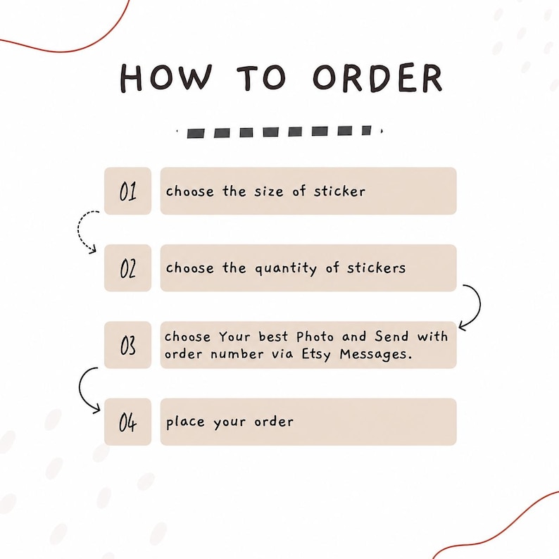 May include: An instructional graphic titled HOW TO ORDER with four steps. Step 01: choose the size of sticker. Step 02: choose the quantity of stickers. Step 03: choose Your best Photo and Send with order number via Etsy Messages. Step 04: place your order.