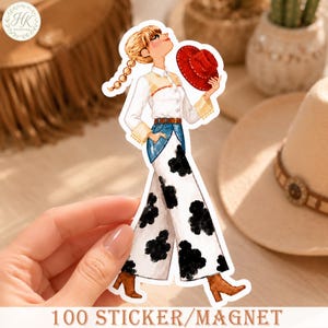 May include: A die-cut sticker featuring an illustration of a person with blonde braided hair wearing a white button-down shirt, a brown belt, and wide-leg pants with a black and white cow print pattern, holding a red cowboy hat in one hand.