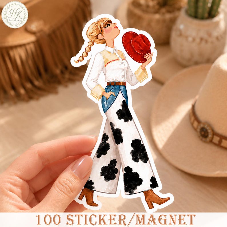 May include: A die-cut sticker featuring an illustration of a person with blonde braided hair wearing a white button-down shirt, a brown belt, and wide-leg pants with a black and white cow print pattern, holding a red cowboy hat in one hand.