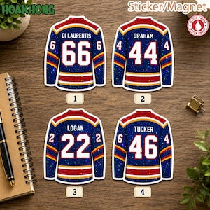 May include: Four hockey jersey stickers or magnets featuring a dark blue glitter background with red and yellow stripes. Each displays a unique name and number: DI LAURENTIS 66, GRAHAM 44, LOGAN 22, and TUCKER 46, labeled with numbers 1 through 4.
