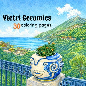 Può includere: Illustrazione ad acquerello di un paesaggio costiero con un vaso di ceramica su una ringhiera blu. Il vaso è bianco con dettagli blu e un disegno di volto. Il testo recita "Vietri Ceramics 30 coloring pages."