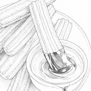 May include: An illustration of churros, a Spanish pastry, served with a chocolate dipping sauce. Several churros are arranged on a plate, with one dipped into the sauce. The image is in black and white.