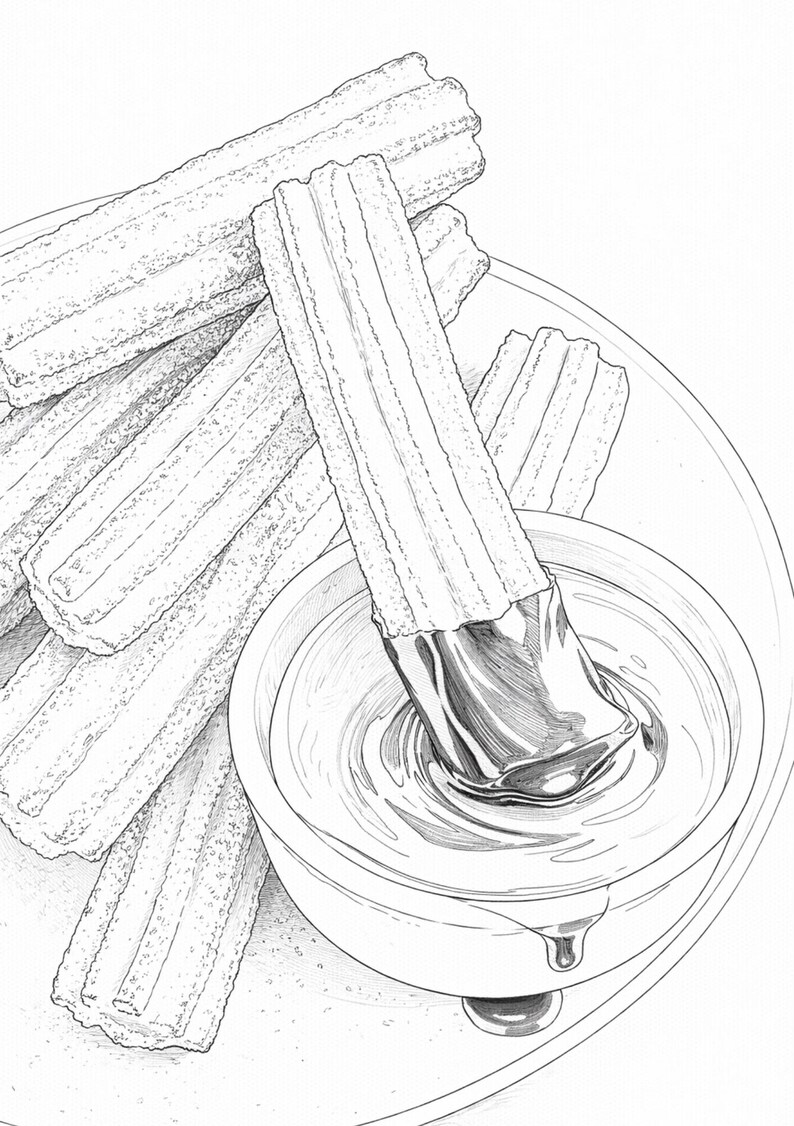 May include: An illustration of churros, a Spanish pastry, served with a chocolate dipping sauce. Several churros are arranged on a plate, with one dipped into the sauce. The image is in black and white.
