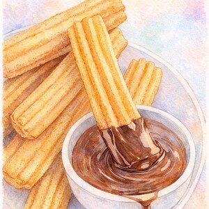 May include: Watercolor illustration of churros, a Spanish and Portuguese pastry, served with a dark chocolate dipping sauce in a white bowl. The churros are golden brown and ridged, with one dipped in the chocolate.