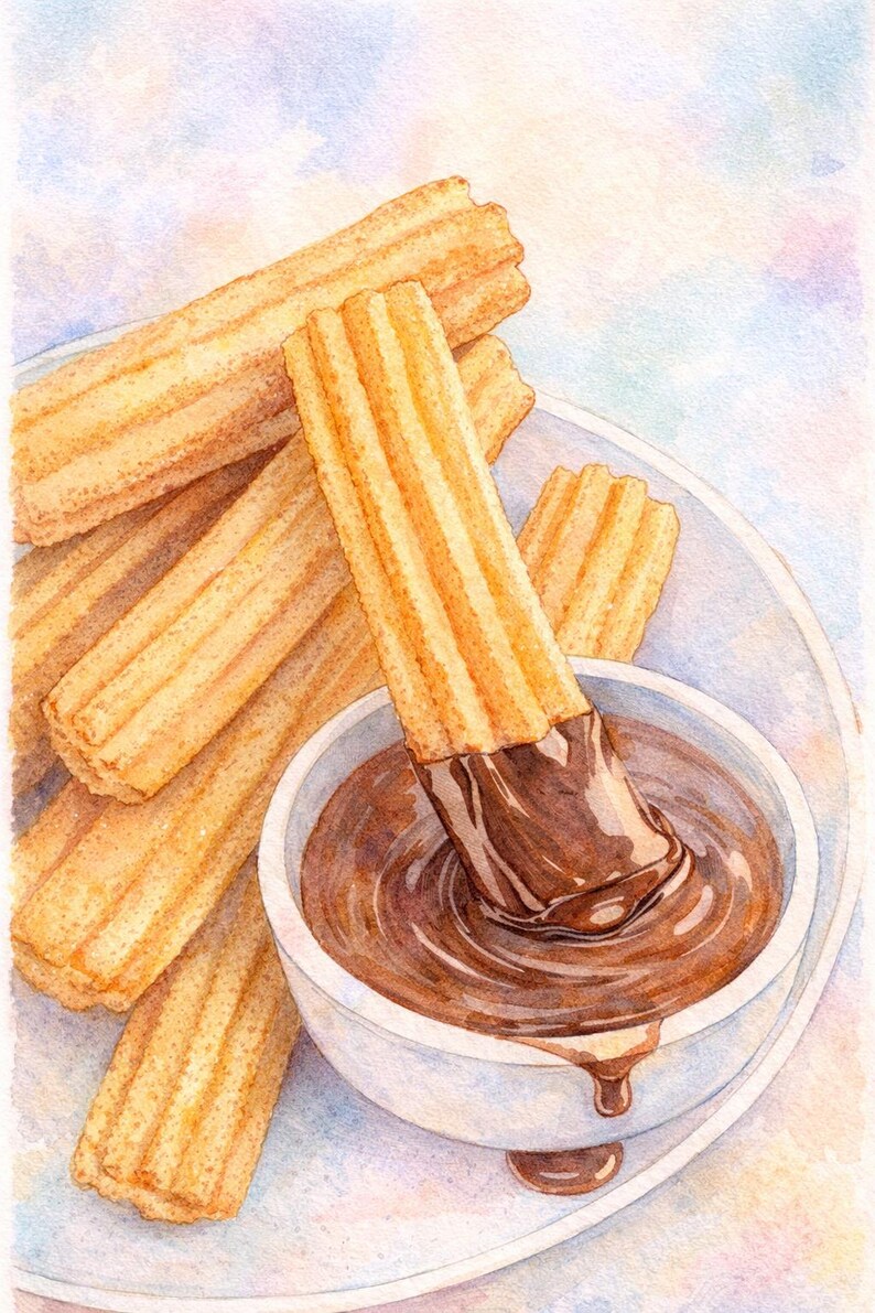 May include: Watercolor illustration of churros, a Spanish and Portuguese pastry, served with a dark chocolate dipping sauce in a white bowl. The churros are golden brown and ridged, with one dipped in the chocolate.