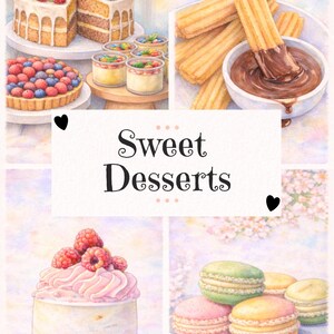 May include: Watercolor illustration of various desserts, including a cake with raspberries, a fruit tart, churros with chocolate dip, individual desserts, a small cake with raspberries, and macarons. The text "Sweet Desserts" and "30 coloring pages" are also visible.
