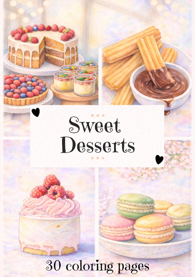 May include: Watercolor illustration of various desserts, including a cake with raspberries, a fruit tart, churros with chocolate dip, individual desserts, a small cake with raspberries, and macarons. The text "Sweet Desserts" and "30 coloring pages" are also visible.