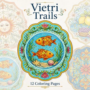 Può includere: Una collezione di 12 pagine da colorare con disegni intricati. L'immagine centrale mostra due pesci arancioni in una cornice turchese, circondati da elementi floreali e acquatici. Altre pagine mostrano soli, limoni e motivi floreali.