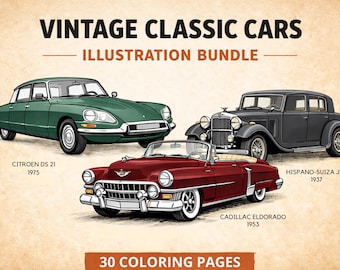 Vintage Cars Coloring Pages Bundle – 30 Printable Pages – Adult Coloring – A4 PDF Digital Download
