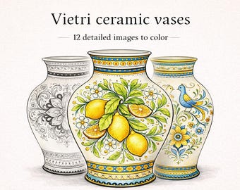 Vietri Ceramic Vases Coloring Pages – 12 Printable Italian Majolica Vase Designs | Adult Coloring PDF A4