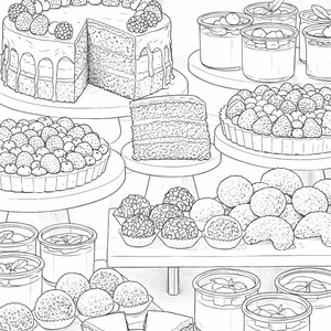 May include: An illustration of a dessert display featuring a multi-layered cake with berries, tarts, individual desserts in glass jars, and various pastries. The cake has a slice removed, showcasing the interior layers. The image is in black and white.
