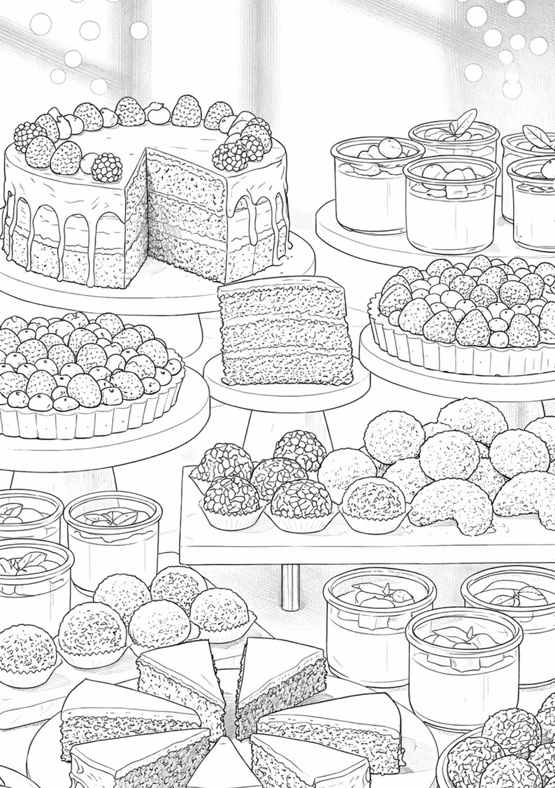 May include: An illustration of a dessert display featuring a multi-layered cake with berries, tarts, individual desserts in glass jars, and various pastries. The cake has a slice removed, showcasing the interior layers. The image is in black and white.