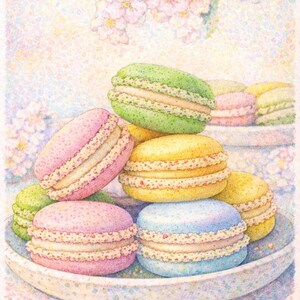 May include: A watercolor illustration of colorful macarons on a plate. The macarons are in shades of pink, green, yellow, and blue, with a white filling and decorative edges. Soft pink blossoms are in the background.