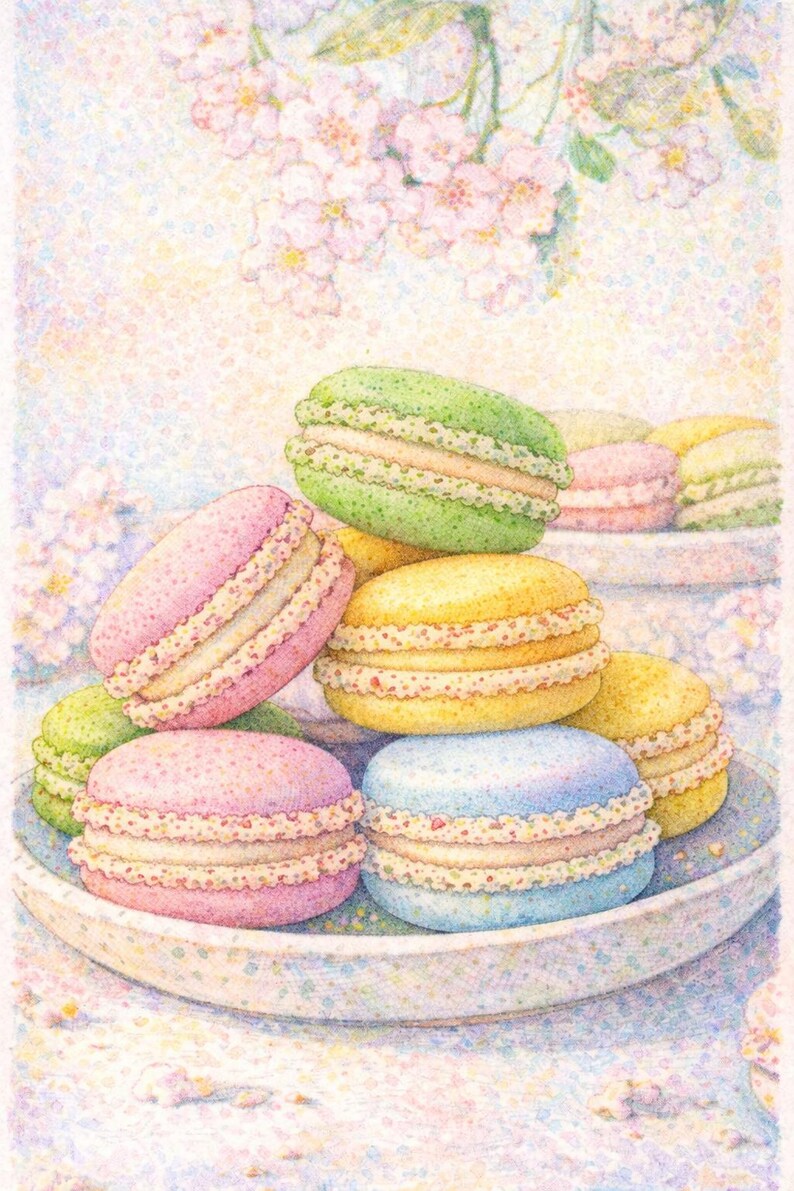 May include: A watercolor illustration of colorful macarons on a plate. The macarons are in shades of pink, green, yellow, and blue, with a white filling and decorative edges. Soft pink blossoms are in the background.