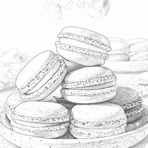 May include: A pencil sketch of several macarons, some stacked and others on a plate. The macarons have a textured appearance, with a light-colored filling between the shells. The image is in black and white, with a soft focus.