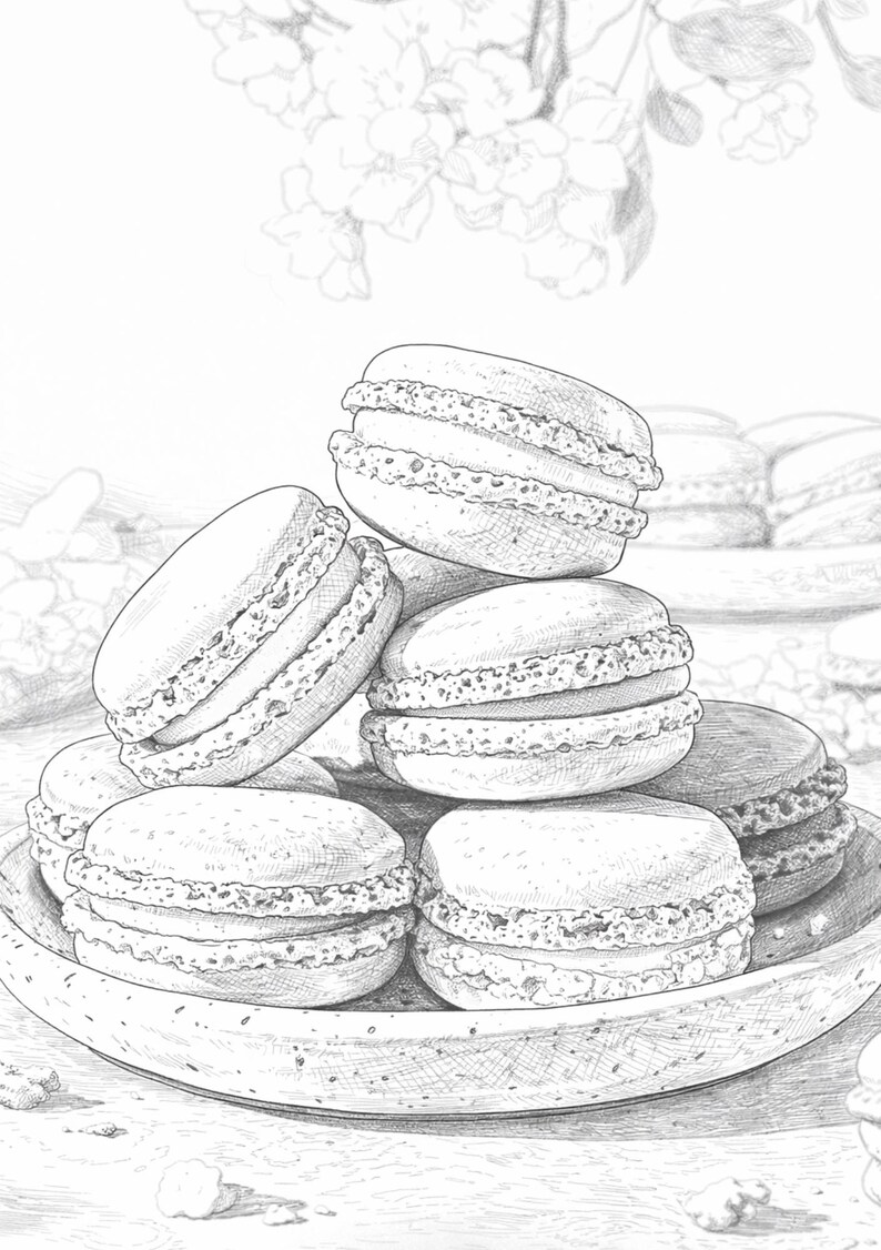 May include: A pencil sketch of several macarons, some stacked and others on a plate. The macarons have a textured appearance, with a light-colored filling between the shells. The image is in black and white, with a soft focus.
