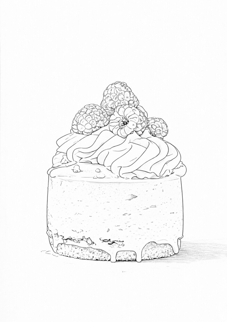 May include: A detailed black and white illustration of a small cake. The cake is topped with whipped cream and fresh raspberries. The cake has a round shape and a textured base, with a white glaze dripping down the sides.
