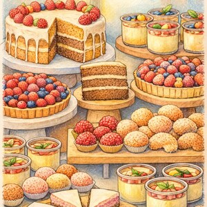 May include: An illustration of a dessert display featuring a layered cake with a slice removed, tarts, individual desserts in glass jars, and various pastries. The cake is topped with raspberries. The desserts are arranged on wooden stands and tables.