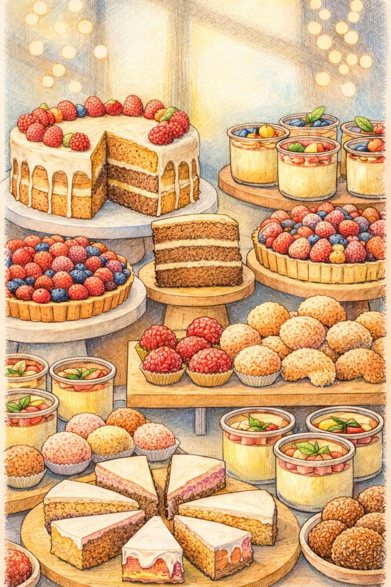 May include: An illustration of a dessert display featuring a layered cake with a slice removed, tarts, individual desserts in glass jars, and various pastries. The cake is topped with raspberries. The desserts are arranged on wooden stands and tables.