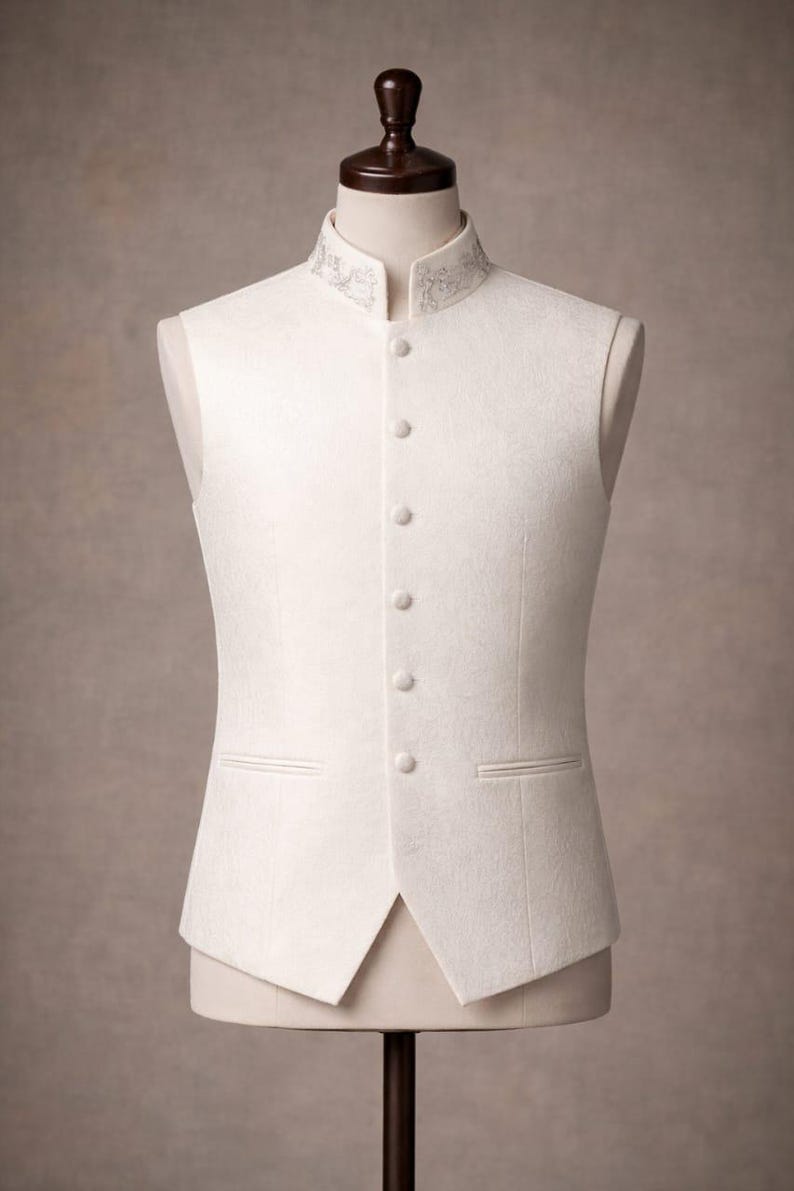 May include: Ivory-colored formal vest with a mandarin collar and decorative embroidery. The vest features a six-button closure, two front pockets, and a tailored fit. Displayed on a mannequin, the vest is suitable for weddings or formal events.
