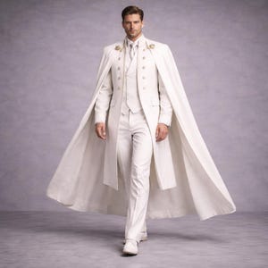 Abrigo largo de lujo estilo militar con capa para hombre: abrigo formal de invierno blanco a medida.