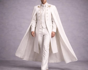 Men’s Luxury Military-Style Long Coat with Cape – White Tailored Formal Winter Overcoat”