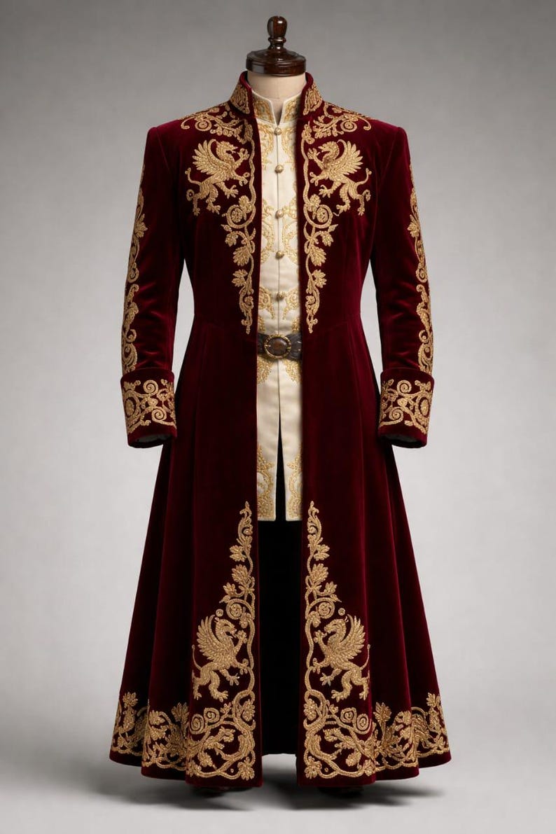 May include: A burgundy velvet coat with gold embroidery. The coat features ornate gold designs on the sleeves, front, and hem. It has a high collar and is paired with a cream-colored shirt and a decorative belt. The coat is floor-length.