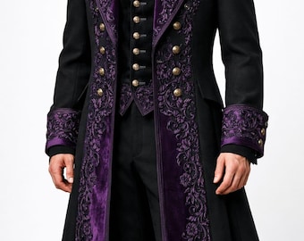 Men’s Black & Purple Embroidered Royal Long Coat | Victorian Steampunk, Victorian Gothic Coat for Men, Renaissance Frock Coat