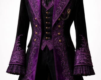 May include: A black velvet coat with ornate purple embroidery and trim, displayed on a mannequin. The coat features gold buttons, a matching vest, and flared sleeves with ruffled cuffs. A pocket watch chain adds a decorative touch.