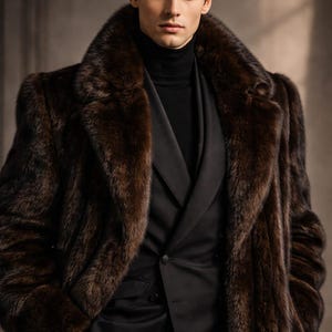 May include: A brown fur coat with a wide collar, worn over a black suit and turtleneck. The coat has a luxurious appearance, with a rich, dark color and a smooth texture. The overall style is formal and elegant.