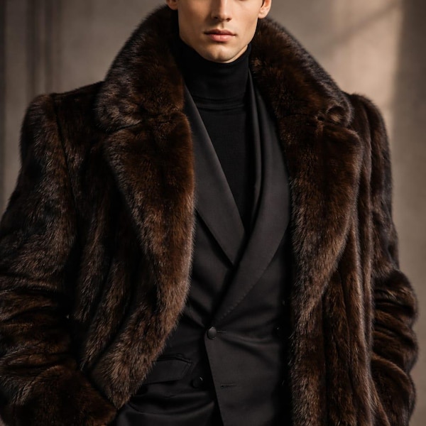 Men's Dark Brown Faux Mink Fur Long Coat – European Luxury Winter Overcoat