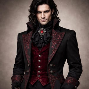 Cappotto gotico vittoriano da uomo, cappotto lungo nero e bordeaux, cappotto da sposo aristocratico vampiro, giacca da sposo gotica, frac steampunk