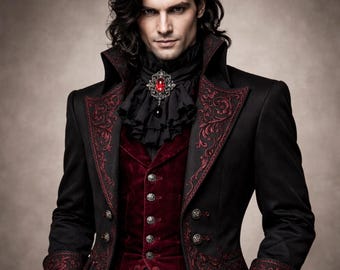Men's Gothic Victorian Coat, Black & Burgundy Long Coat, Vampire Aristocrat Wedding Coat, Gothic Groom Jacket, Steampunk Tailcoat