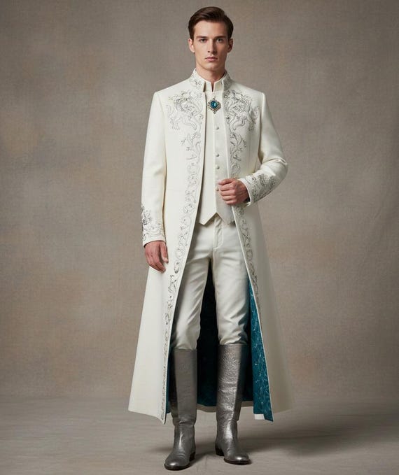 Ivory Royal Embroidered Long Coat for Men – Luxury Medieval Wedding & Prince Costume