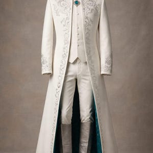 May include: A formal ivory suit on a mannequin. The ensemble includes a long coat with silver embroidery, a vest, and trousers. Silver boots complete the look. A teal lining is visible on the coat's interior.