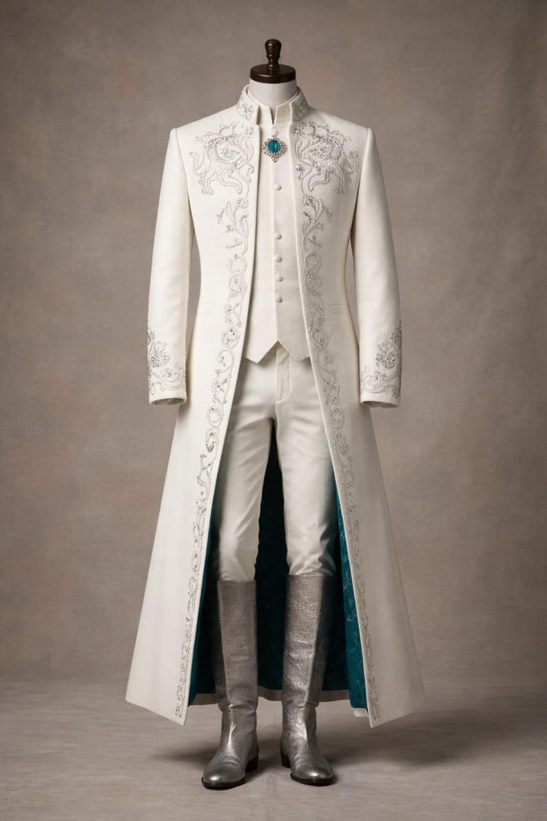 May include: A formal ivory suit on a mannequin. The ensemble includes a long coat with silver embroidery, a vest, and trousers. Silver boots complete the look. A teal lining is visible on the coat's interior.