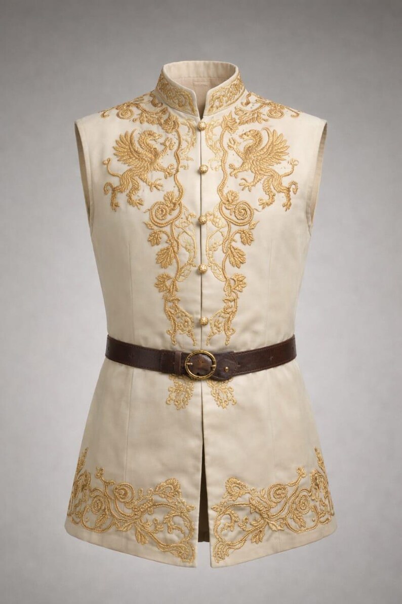 May include: Cream-colored vest with intricate gold embroidery featuring mythical creatures and floral patterns. The vest has a mandarin collar, a row of gold buttons, and a brown leather belt with a gold buckle. A unique garment.