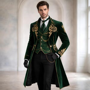 Emerald Green Velvet Men's Tailcoat - Victorian Gothic Steampunk Frock Coat - Gold Embroidered Regency Wedding Suit - Dark Academia Cosplay