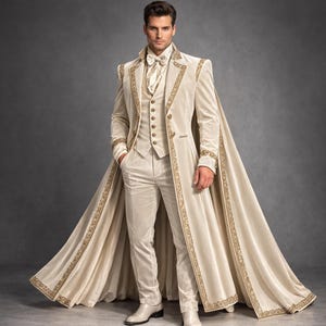 Może przedstawiać: Kremowy formalny garnitur ze złotym haftowanym wykończeniem. Zestaw zawiera długi płaszcz z peleryną, kamizelkę, spodnie wizytowe, muszkę i eleganckie buty. Garnitur jest wykonany z miękkiego, aksamitnego materiału.