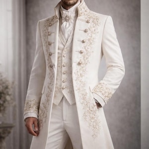 Ivory Royal geborduurde bruidegomjas – Victoriaanse bruiloft Sherwani-stijl heren formele lange jas