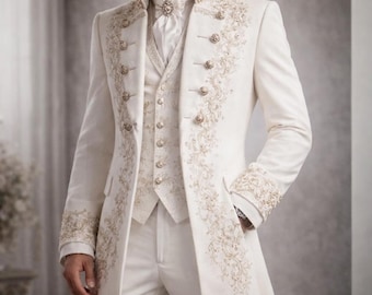 Ivory Royal Embroidered Groom Coat – Victorian Wedding Sherwani Style Mens Formal Long Jacket